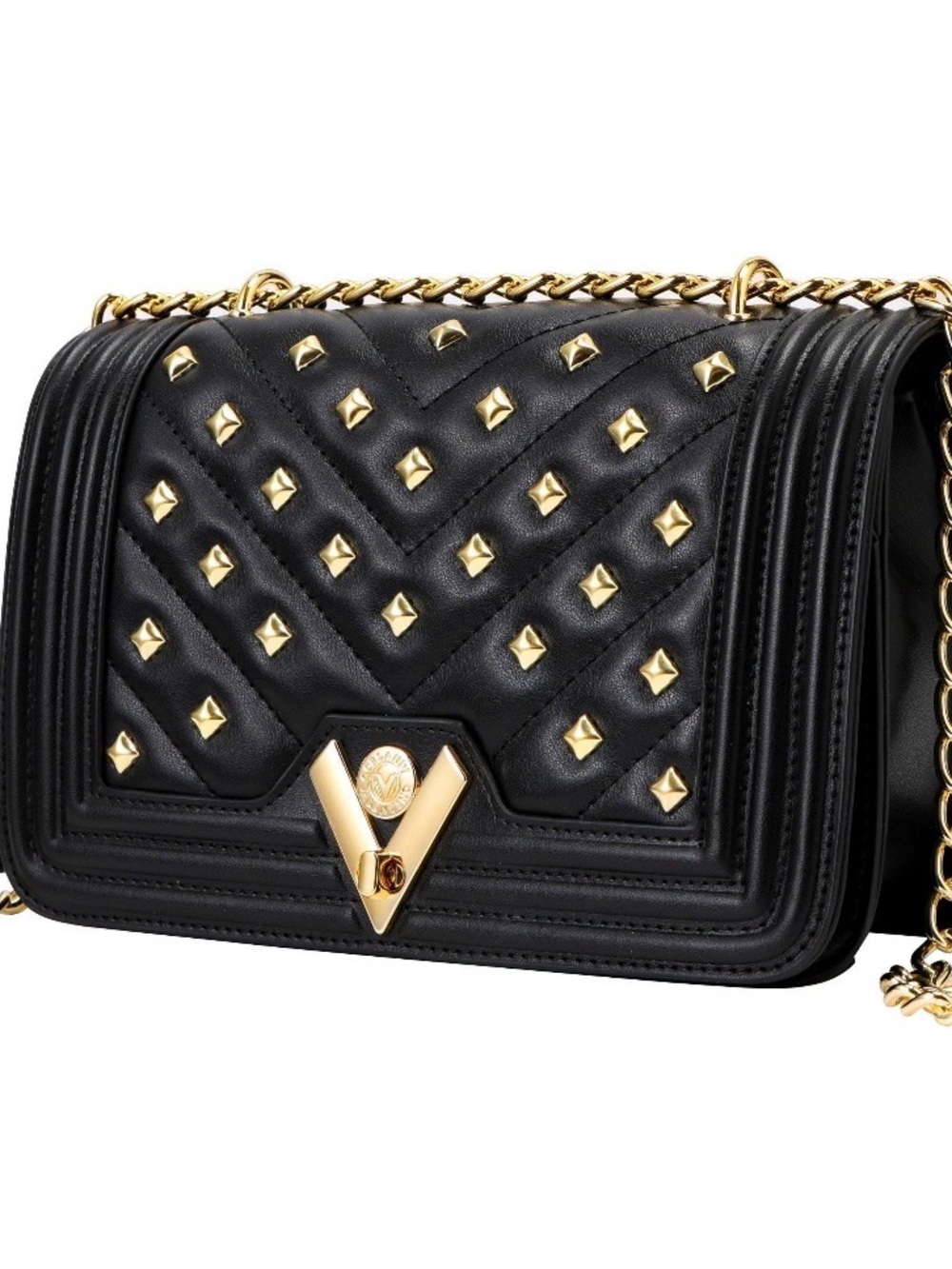 Valentino Orlandi Black Quilted Shoulder Bag with Gold Studs